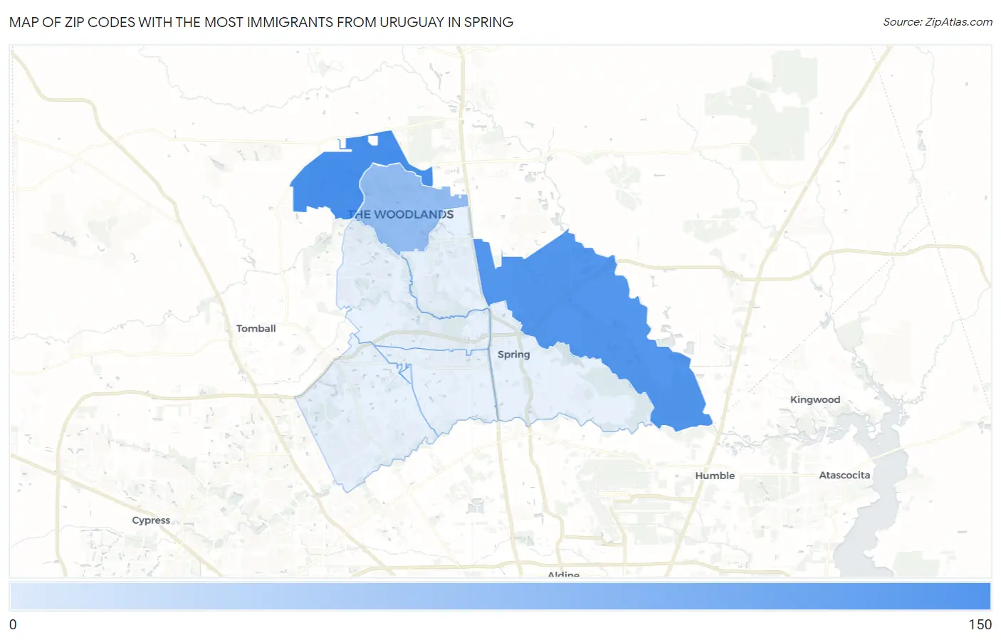 Zip Codes with the Most Immigrants from Uruguay in Spring Map
