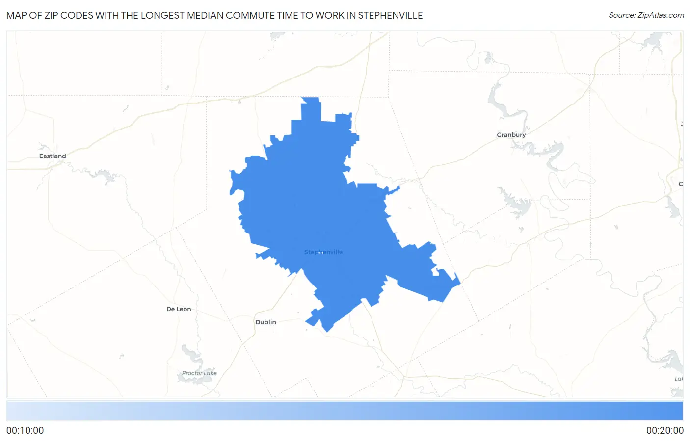 Zip Codes with the Longest Median Commute Time to Work in Stephenville Map