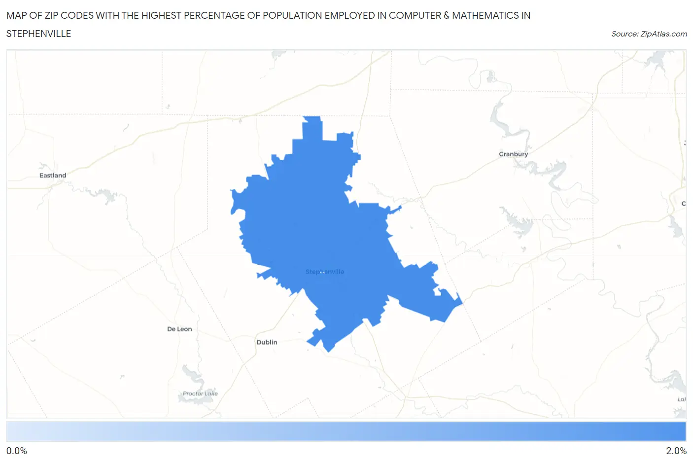 Zip Codes with the Highest Percentage of Population Employed in Computer & Mathematics in Stephenville Map