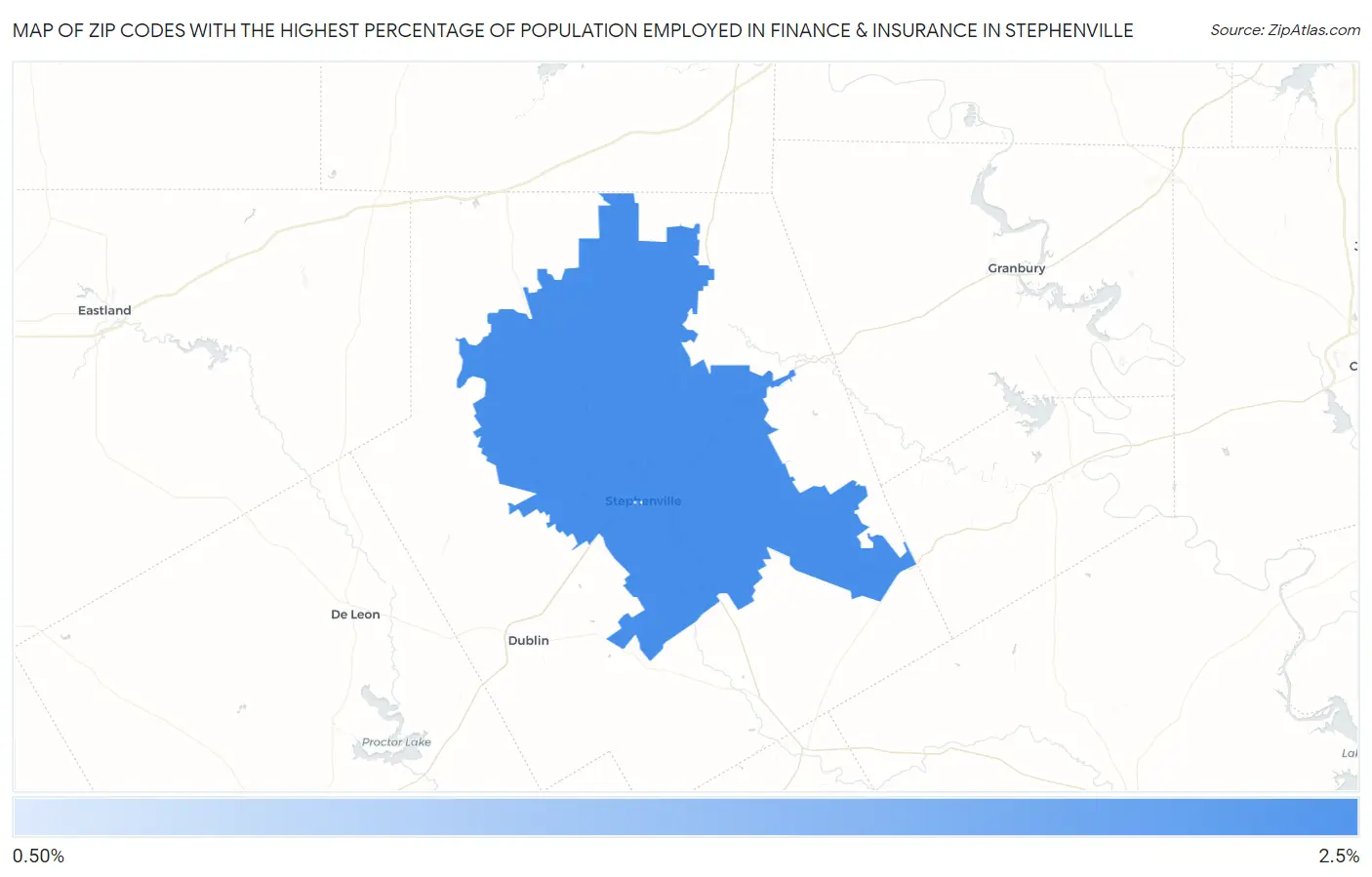 Zip Codes with the Highest Percentage of Population Employed in Finance & Insurance in Stephenville Map