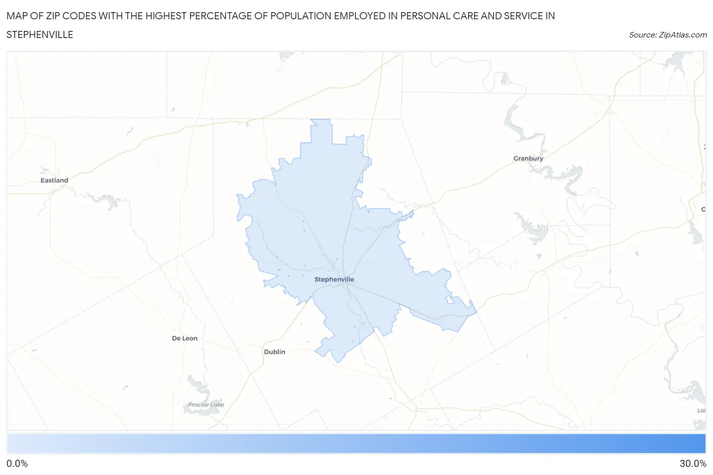 Zip Codes with the Highest Percentage of Population Employed in Personal Care and Service in Stephenville Map