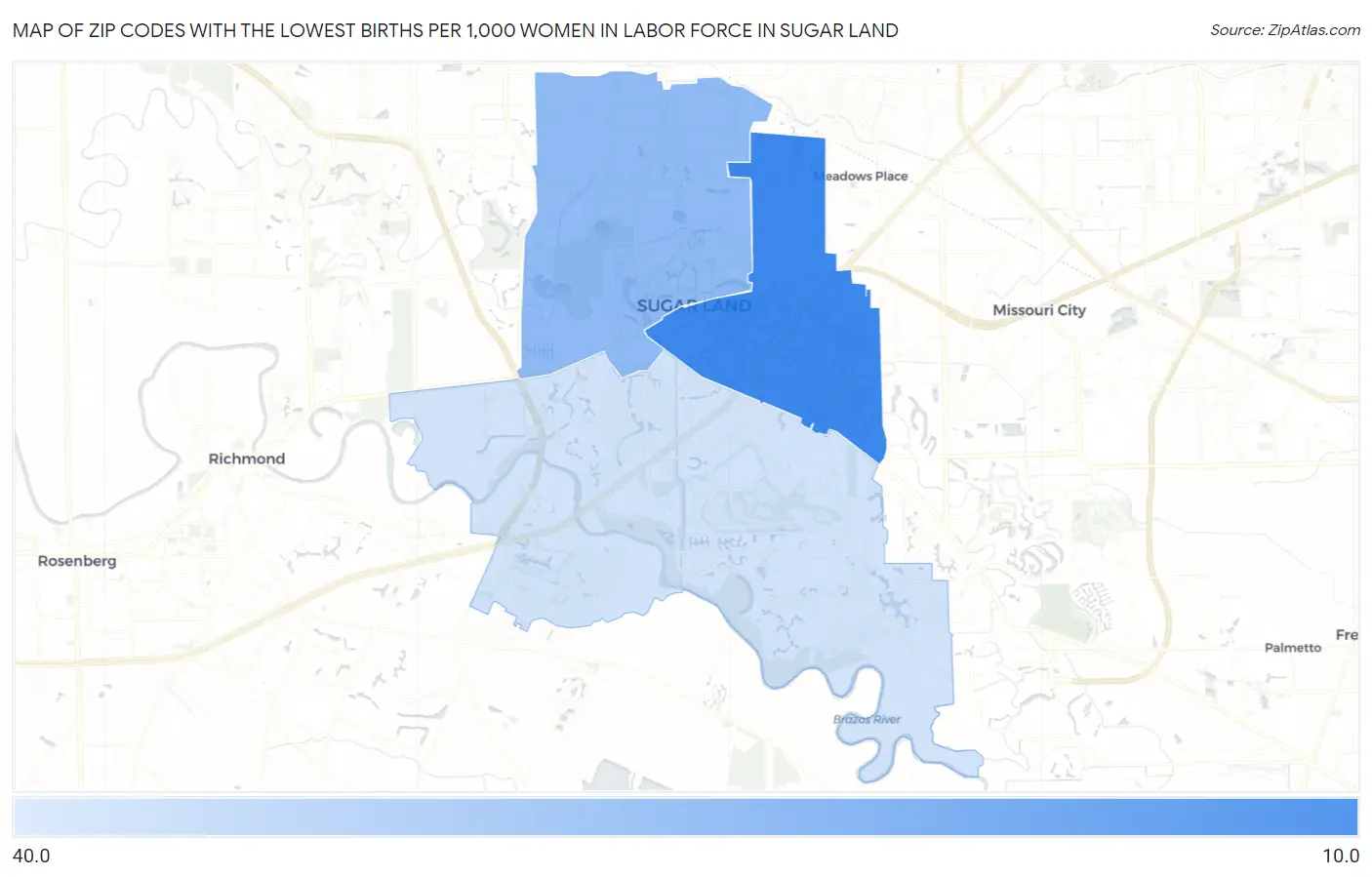 Zip Codes with the Lowest Births per 1,000 Women in Labor Force in Sugar Land Map