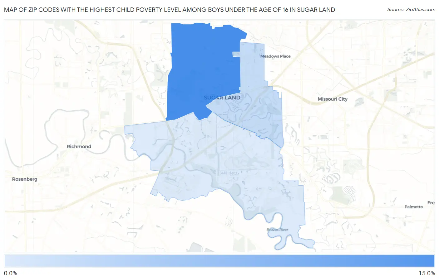Zip Codes with the Highest Child Poverty Level Among Boys Under the Age of 16 in Sugar Land Map