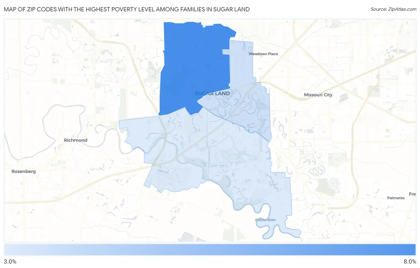 Zip Codes with the Highest Poverty Level Among Families in Sugar Land Map