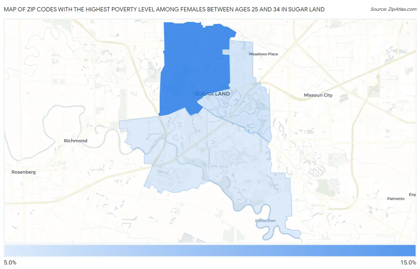 Zip Codes with the Highest Poverty Level Among Females Between Ages 25 and 34 in Sugar Land Map