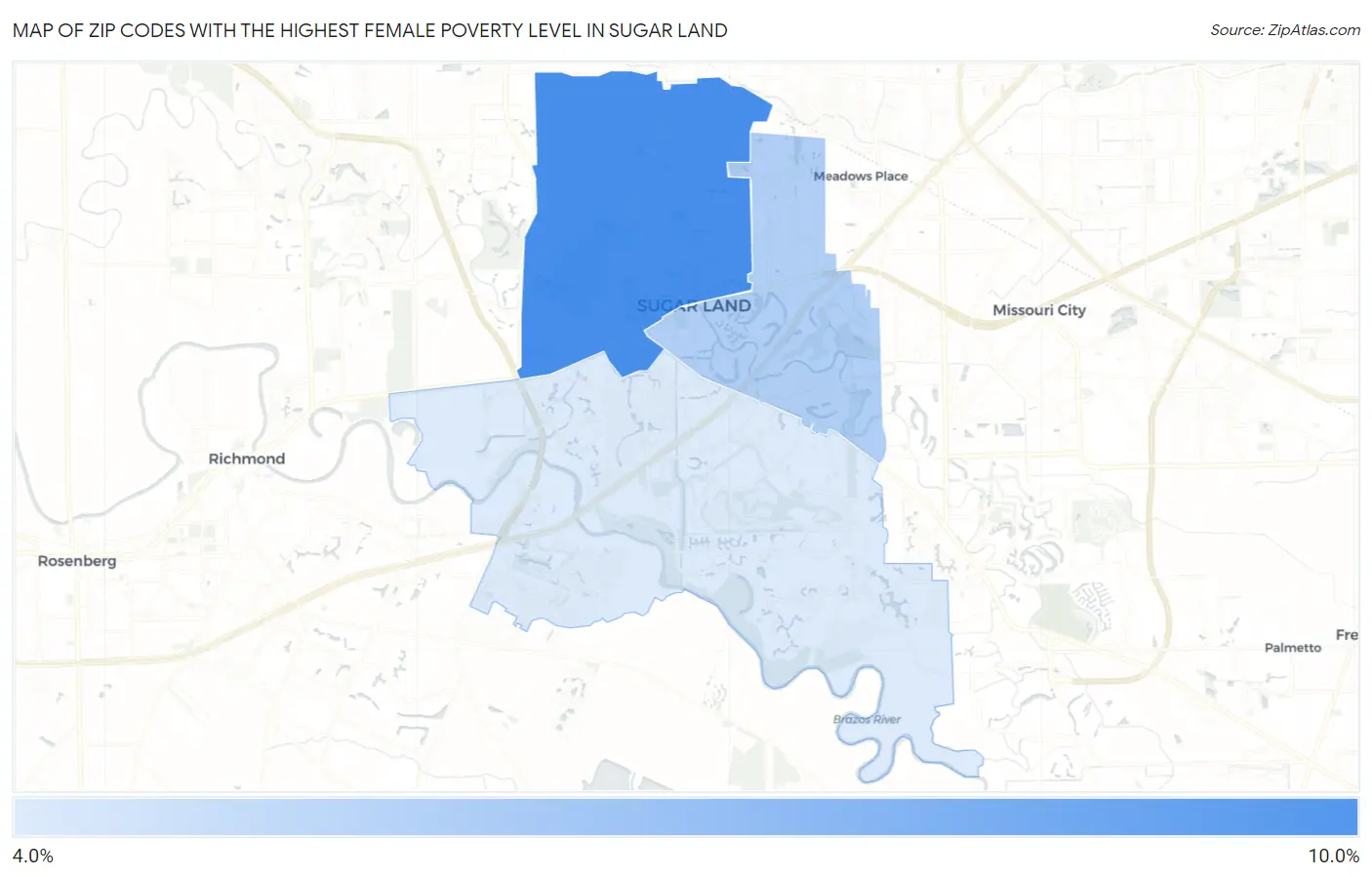 Zip Codes with the Highest Female Poverty Level in Sugar Land Map