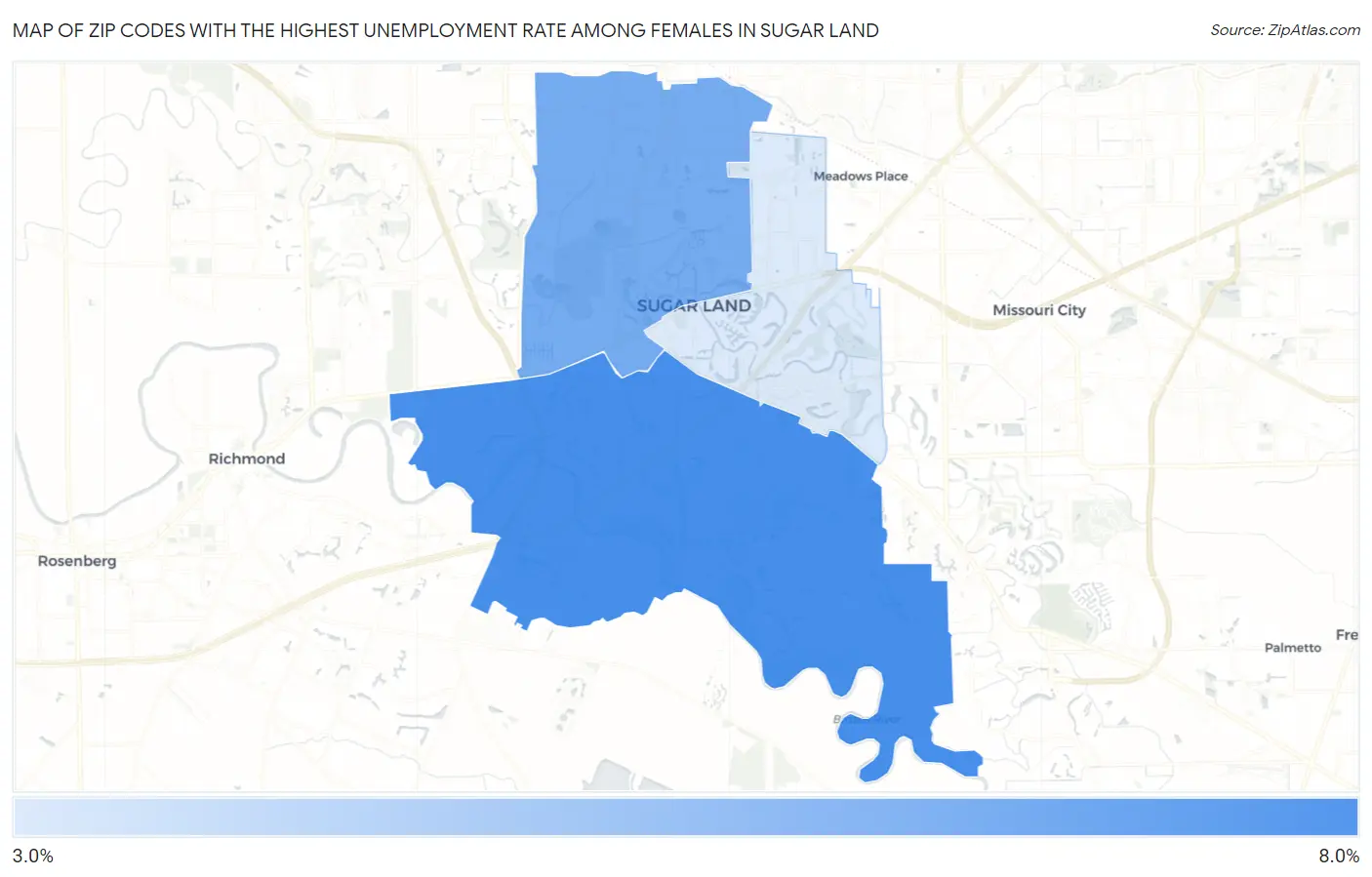 Zip Codes with the Highest Unemployment Rate Among Females in Sugar Land Map