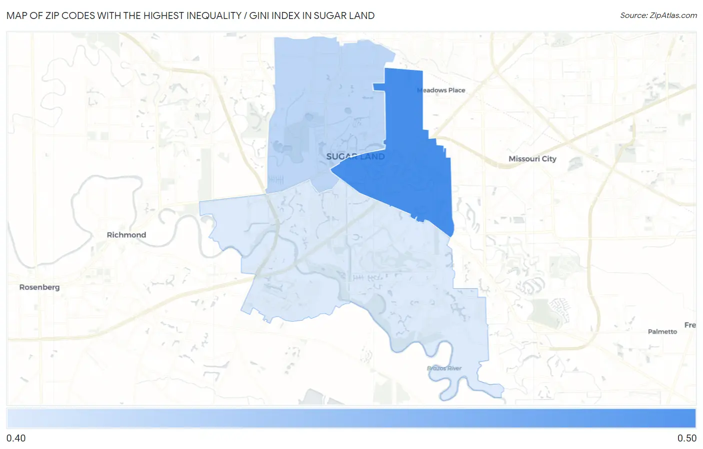 Zip Codes with the Highest Inequality / Gini Index in Sugar Land Map
