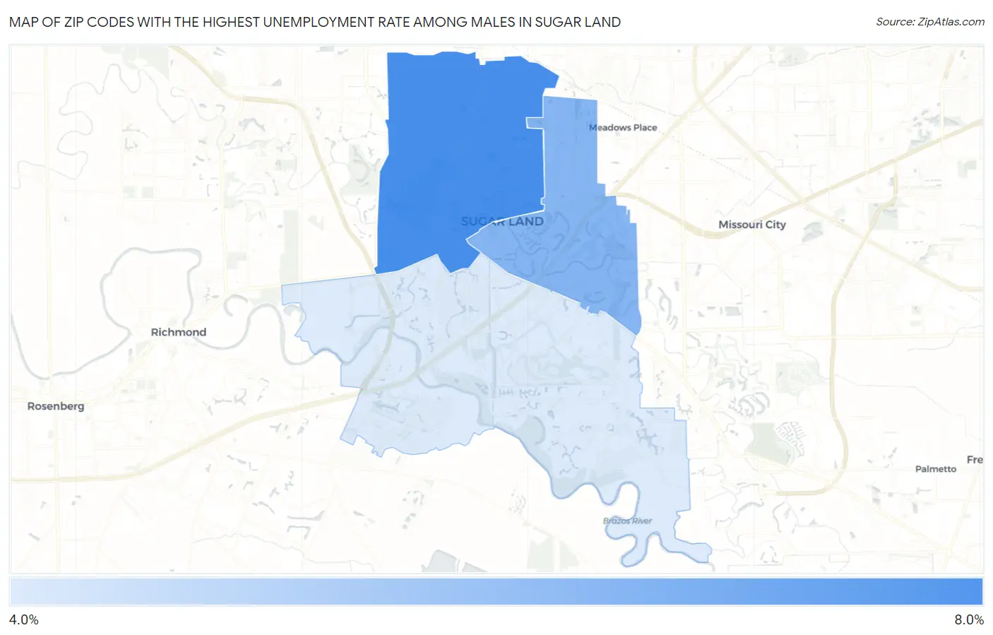 Zip Codes with the Highest Unemployment Rate Among Males in Sugar Land Map