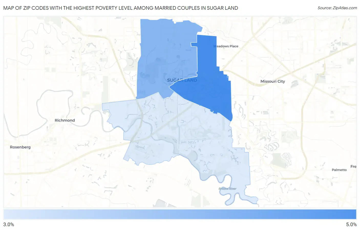 Zip Codes with the Highest Poverty Level Among Married Couples in Sugar Land Map
