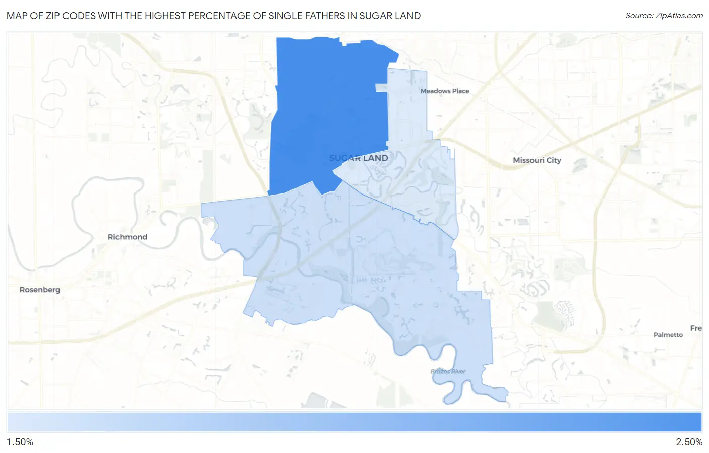 Zip Codes with the Highest Percentage of Single Fathers in Sugar Land Map