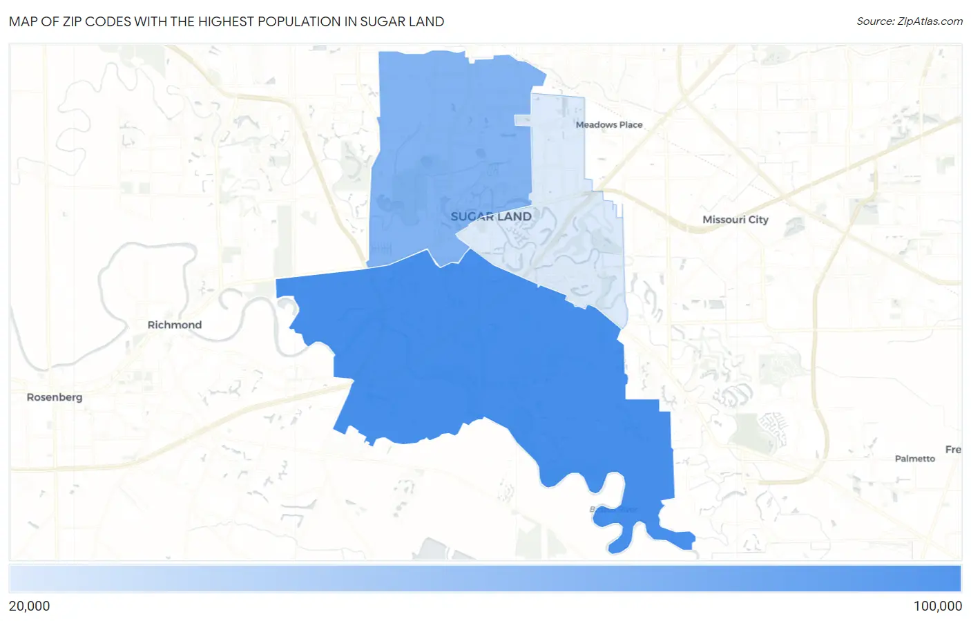 Zip Codes with the Highest Population in Sugar Land Map