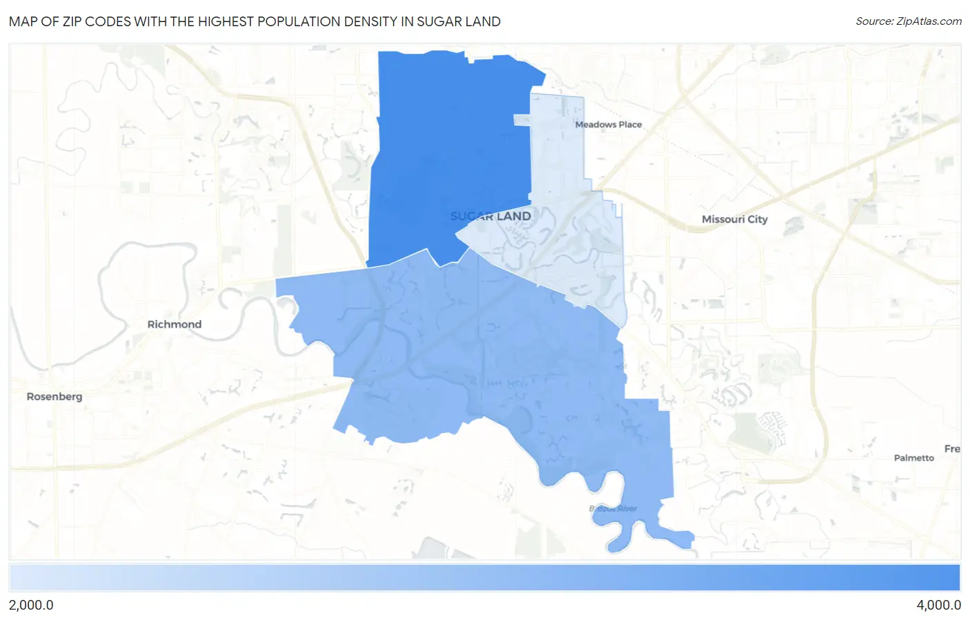Zip Codes with the Highest Population Density in Sugar Land Map