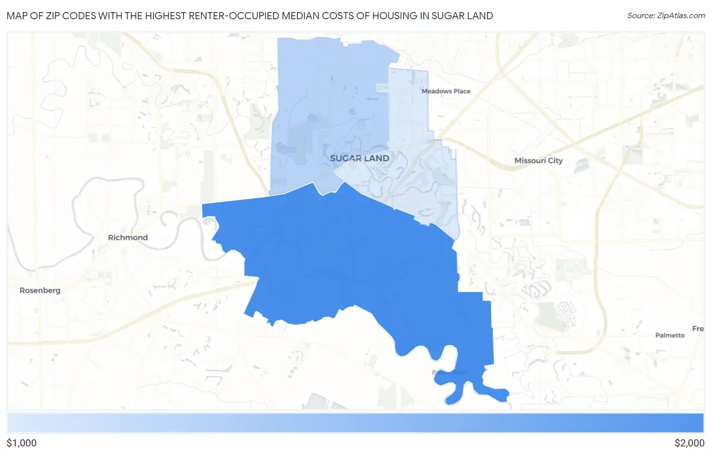 Zip Codes with the Highest Renter-Occupied Median Costs of Housing in Sugar Land Map