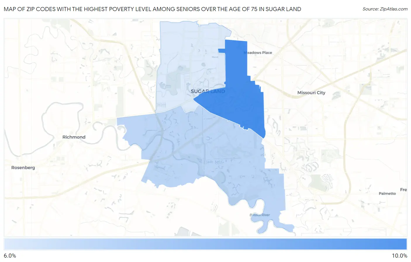 Zip Codes with the Highest Poverty Level Among Seniors Over the Age of 75 in Sugar Land Map