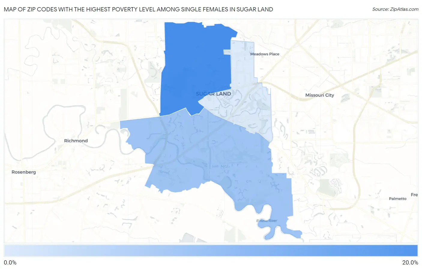 Zip Codes with the Highest Poverty Level Among Single Females in Sugar Land Map
