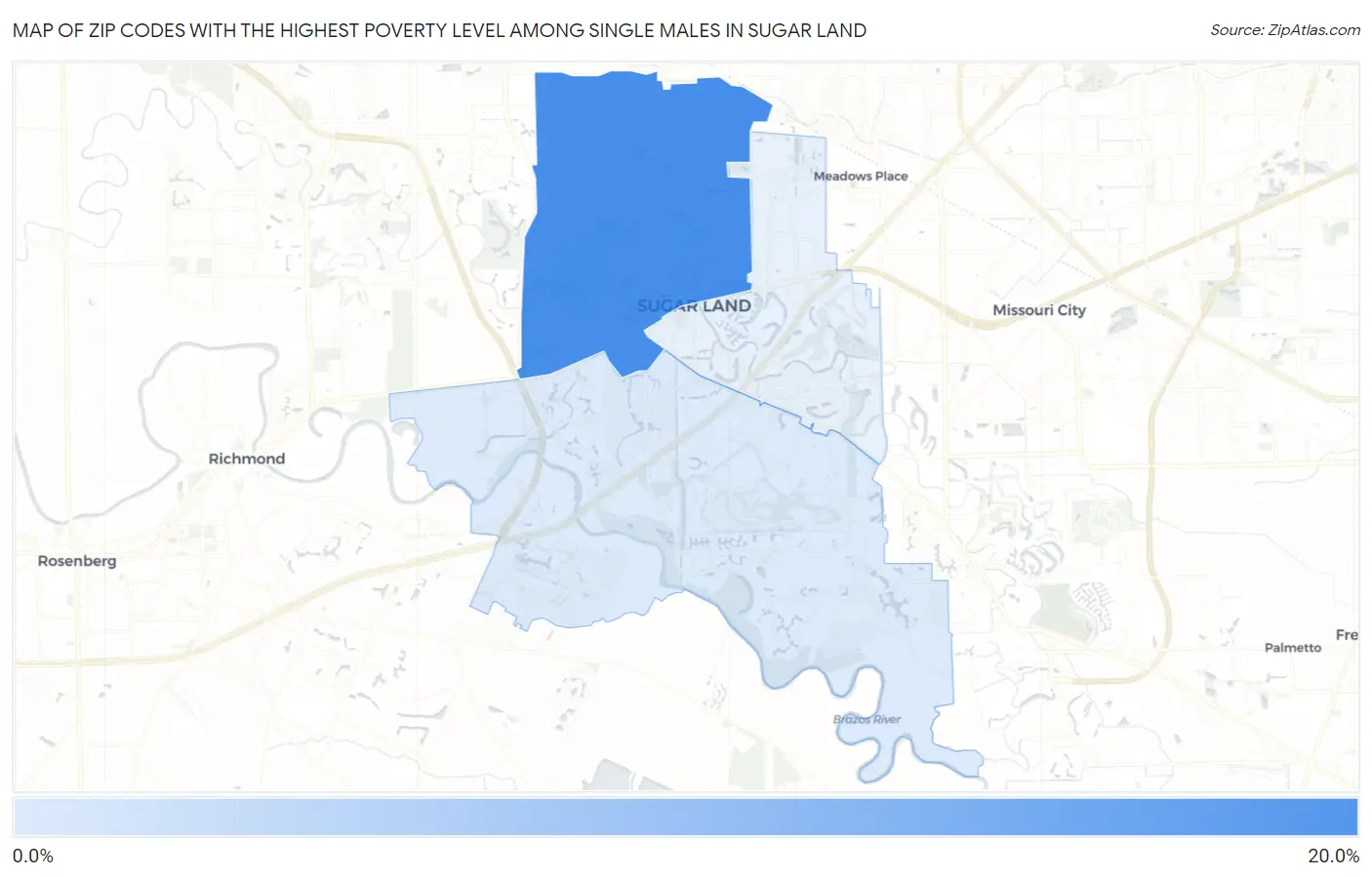Zip Codes with the Highest Poverty Level Among Single Males in Sugar Land Map