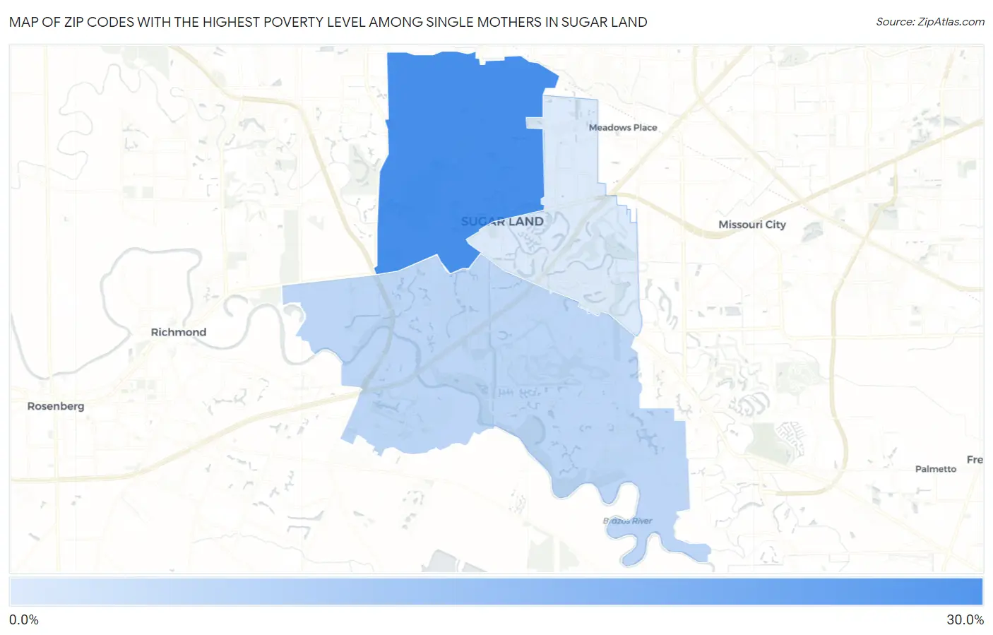 Zip Codes with the Highest Poverty Level Among Single Mothers in Sugar Land Map
