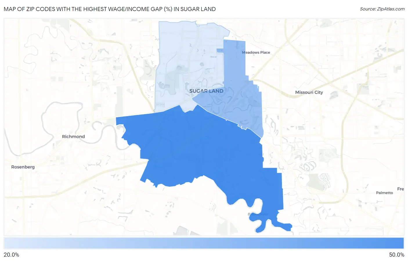 Zip Codes with the Highest Wage/Income Gap (%) in Sugar Land Map