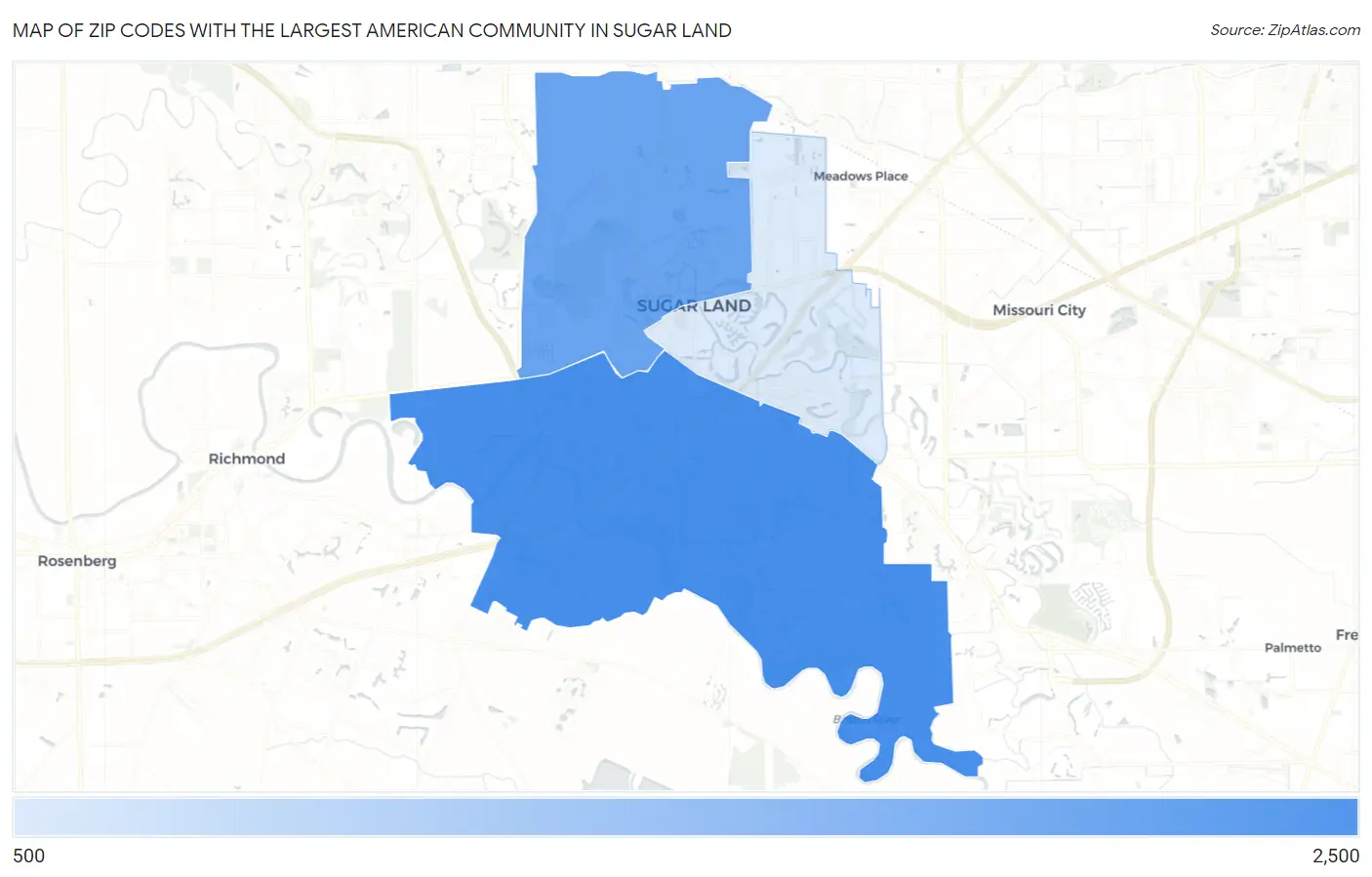 Zip Codes with the Largest American Community in Sugar Land Map