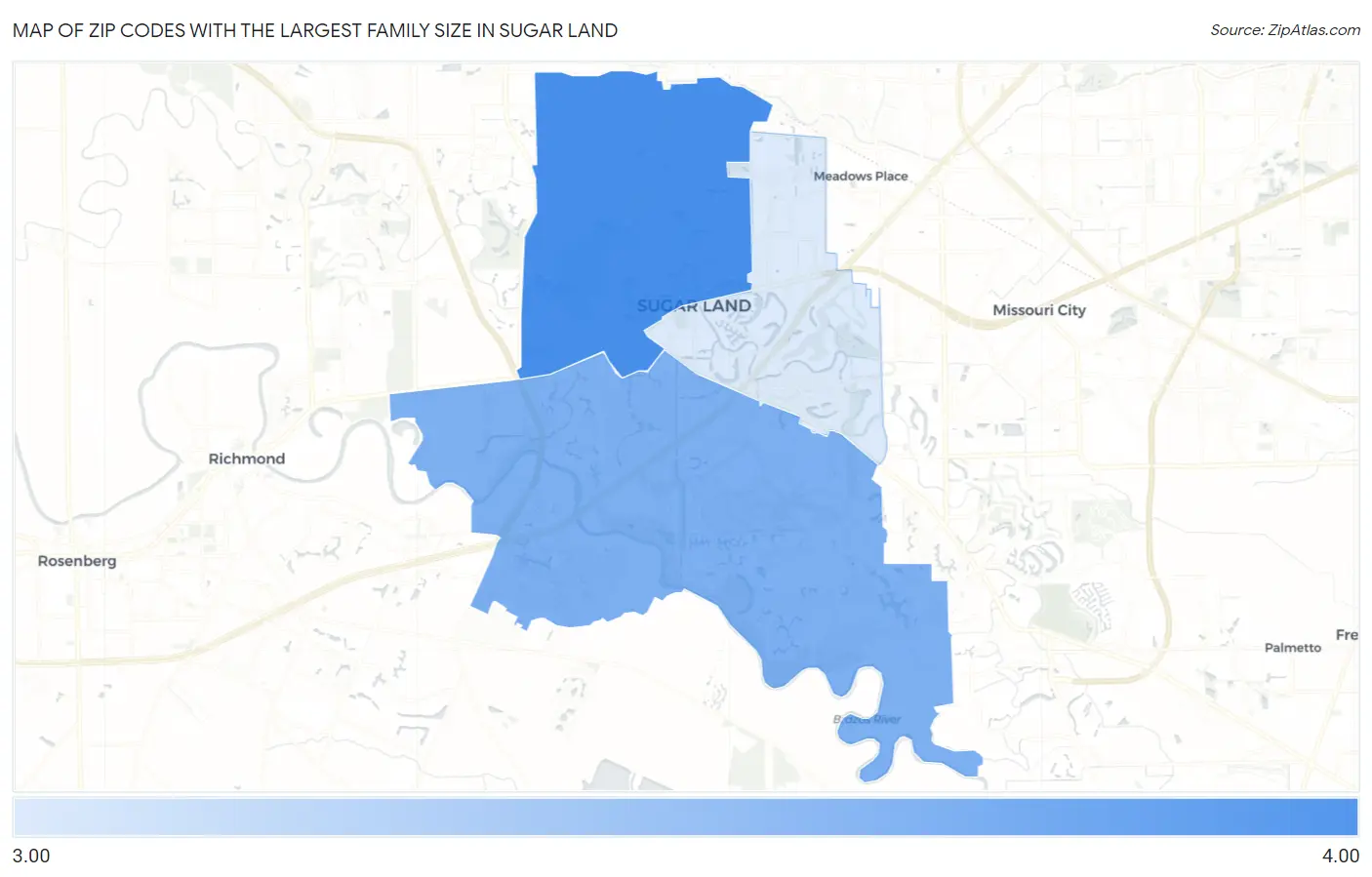 Zip Codes with the Largest Family Size in Sugar Land Map