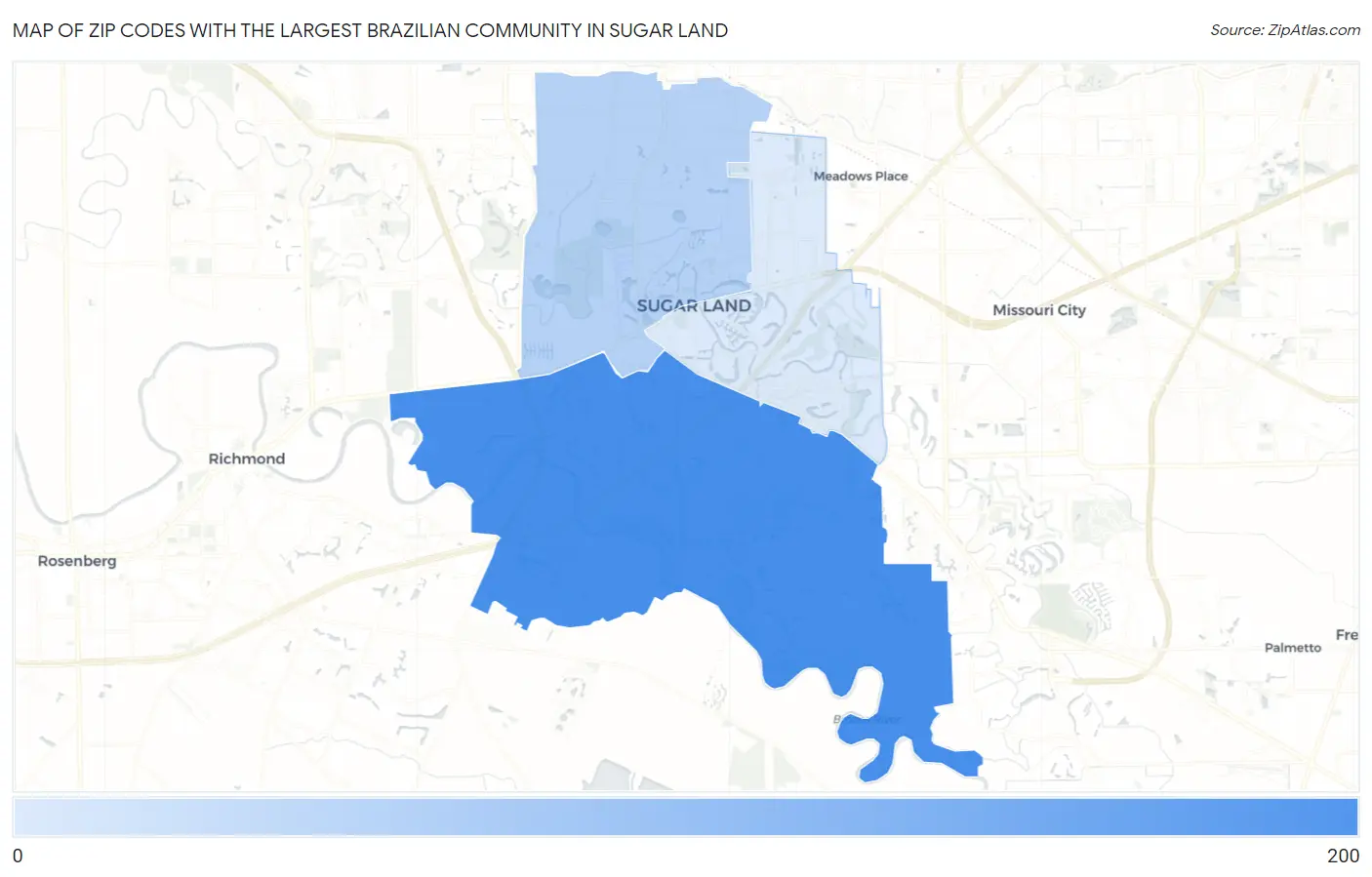 Zip Codes with the Largest Brazilian Community in Sugar Land Map