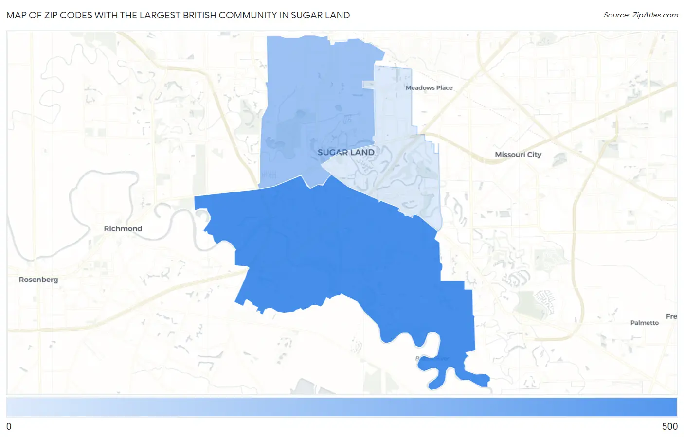 Zip Codes with the Largest British Community in Sugar Land Map