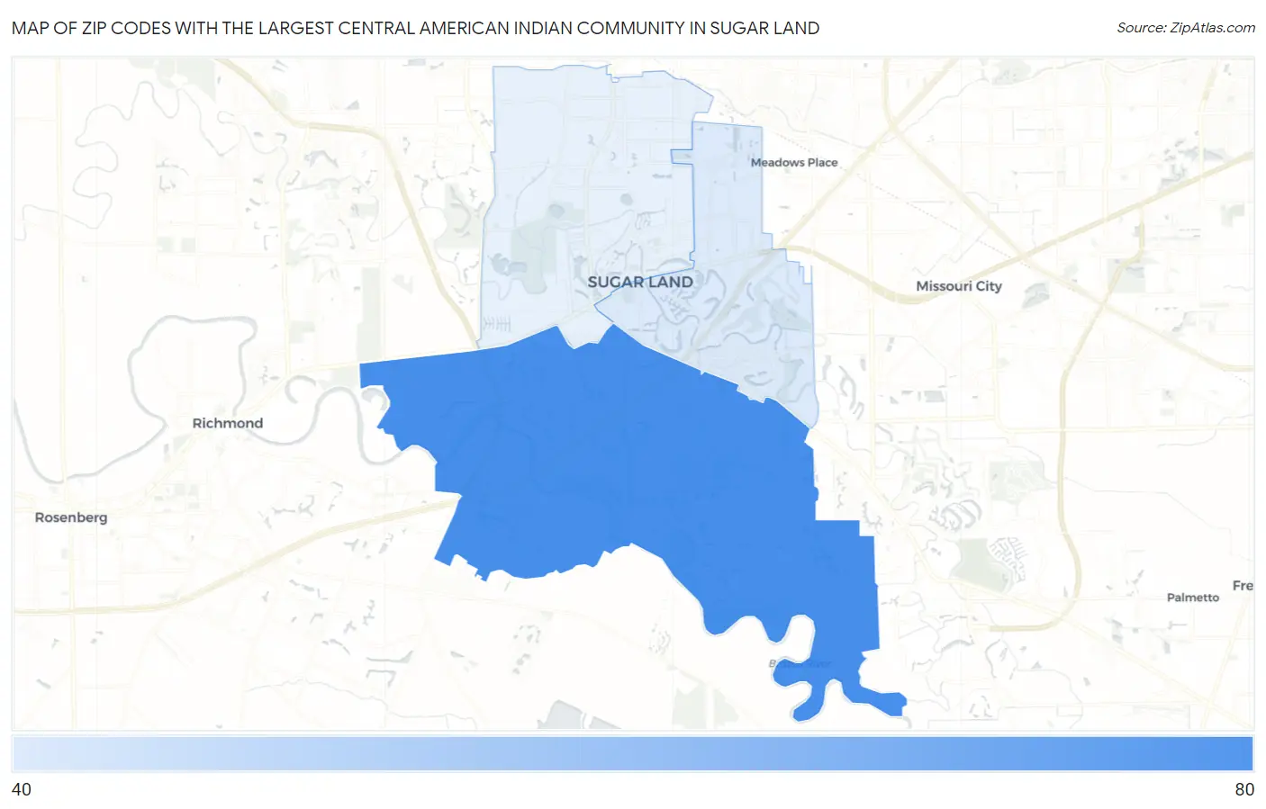 Zip Codes with the Largest Central American Indian Community in Sugar Land Map