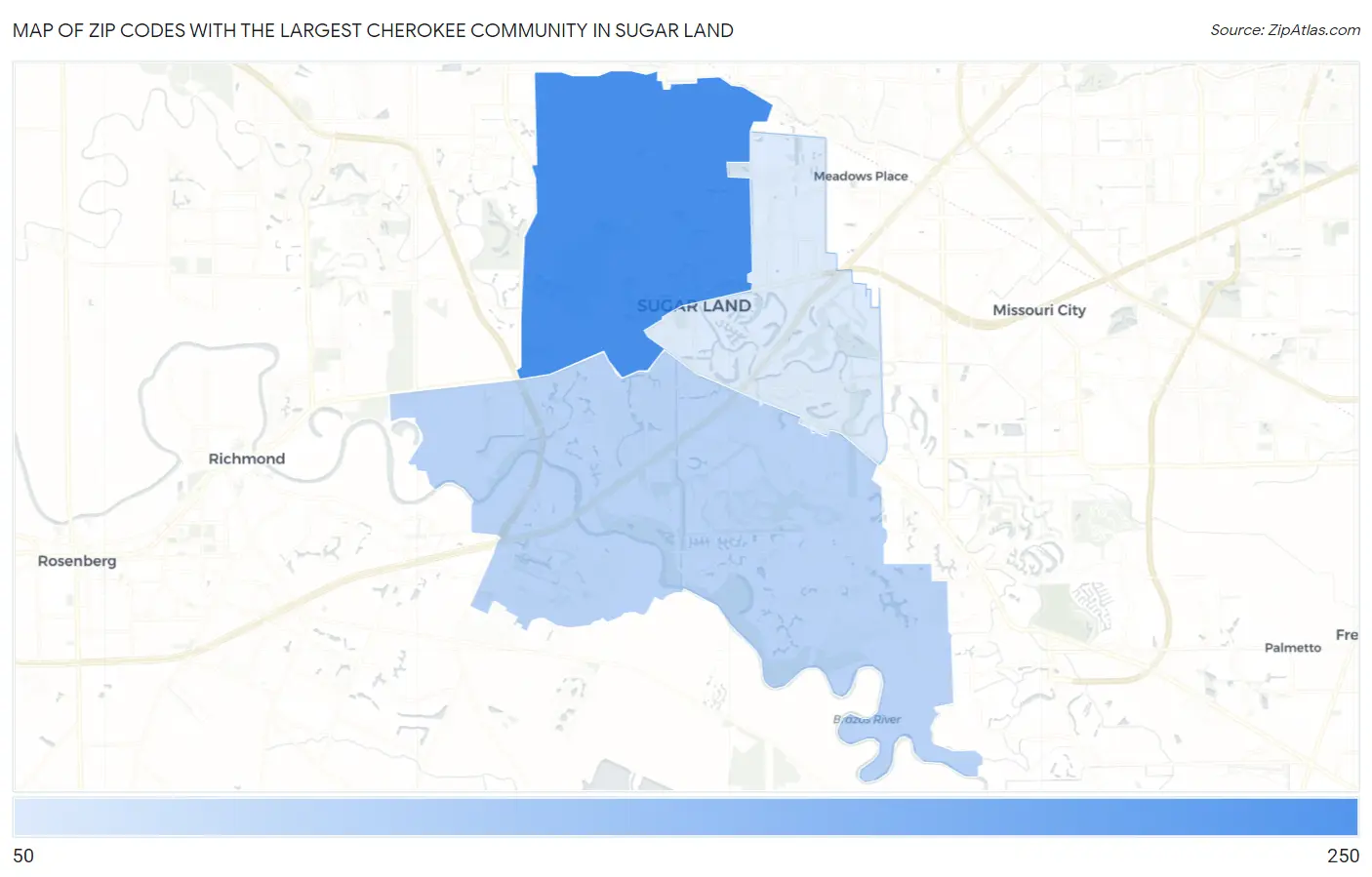 Zip Codes with the Largest Cherokee Community in Sugar Land Map
