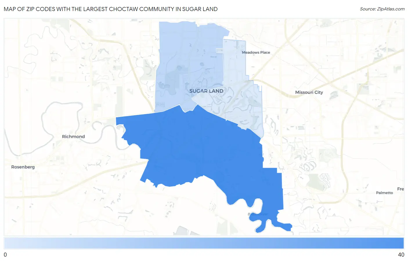 Zip Codes with the Largest Choctaw Community in Sugar Land Map