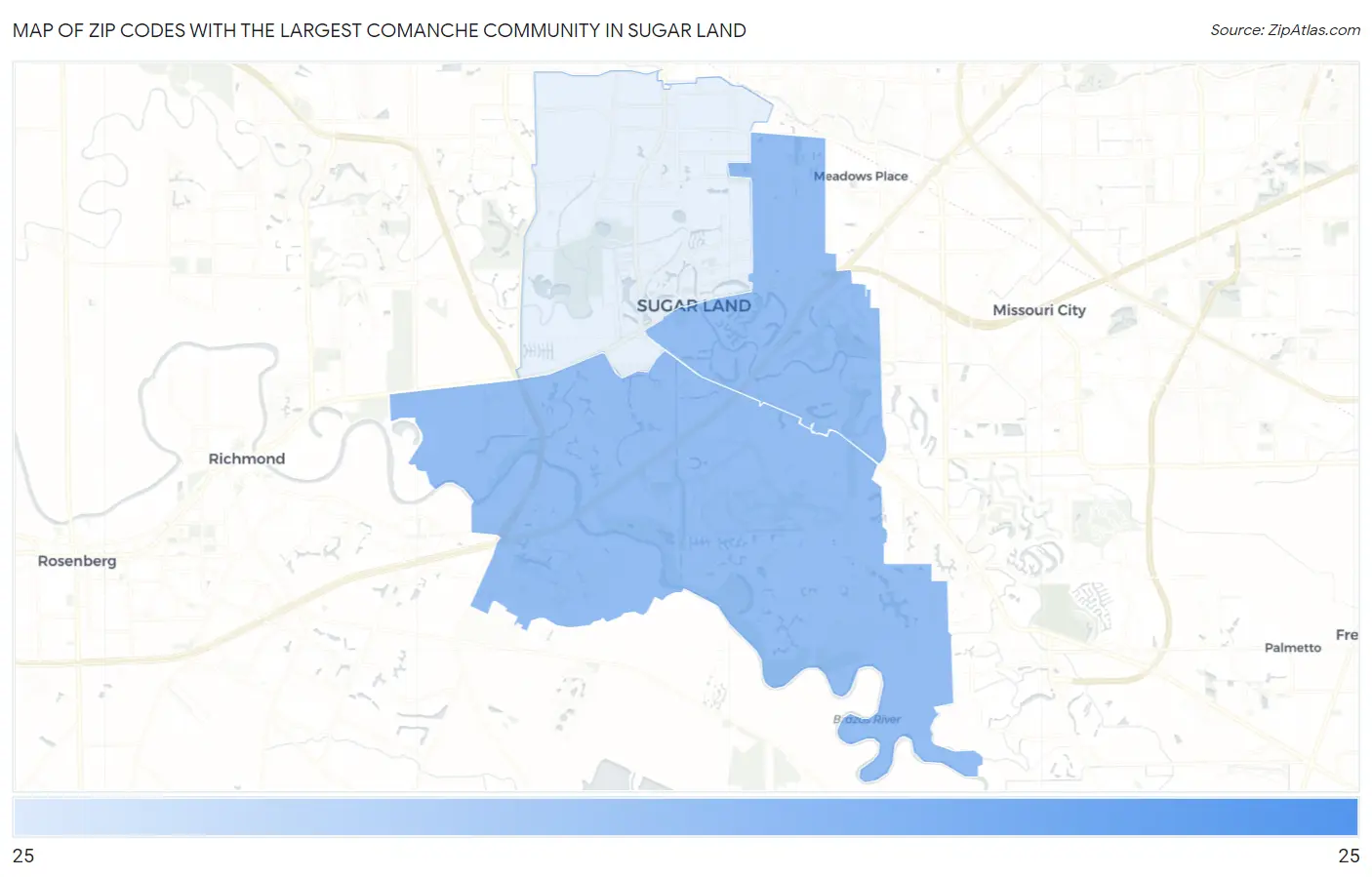 Zip Codes with the Largest Comanche Community in Sugar Land Map