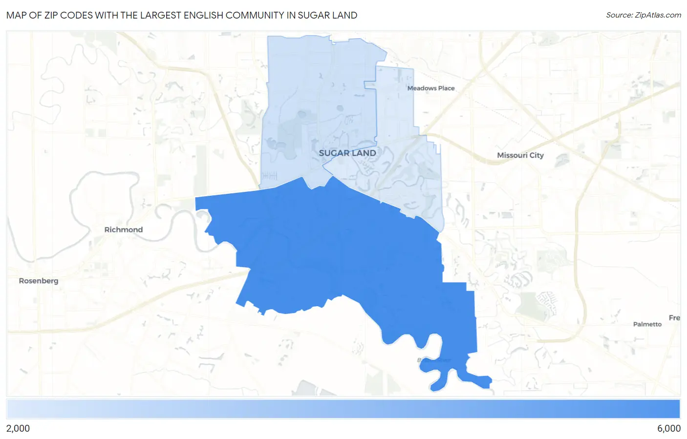 Zip Codes with the Largest English Community in Sugar Land Map