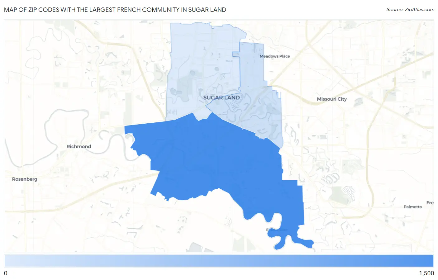 Zip Codes with the Largest French Community in Sugar Land Map