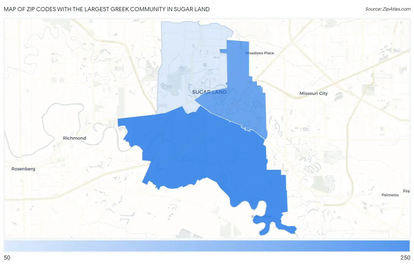 Zip Codes with the Largest Greek Community in Sugar Land Map