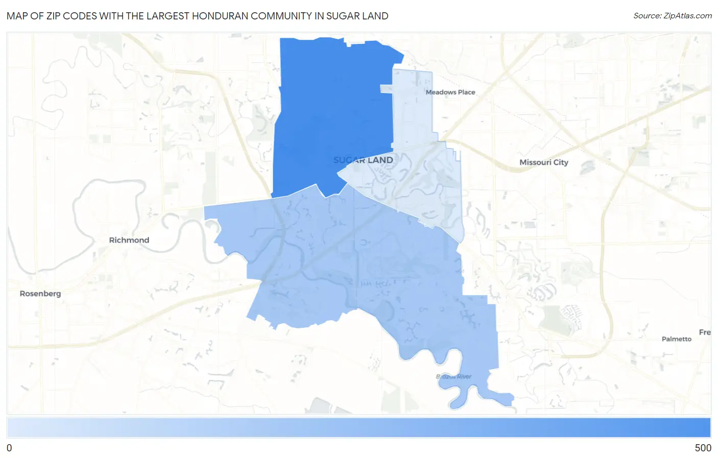 Zip Codes with the Largest Honduran Community in Sugar Land Map