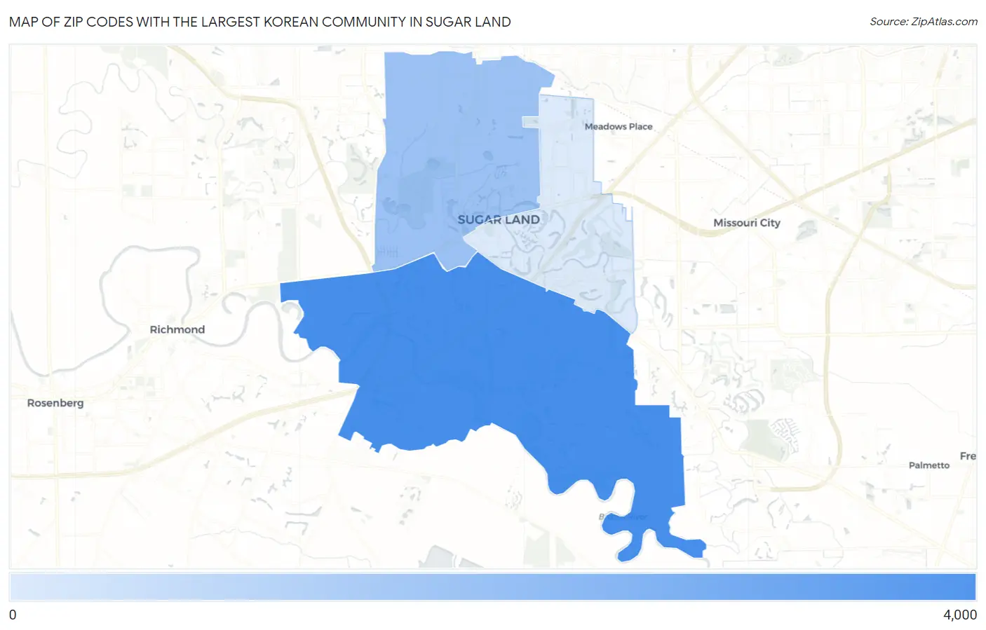 Zip Codes with the Largest Korean Community in Sugar Land Map