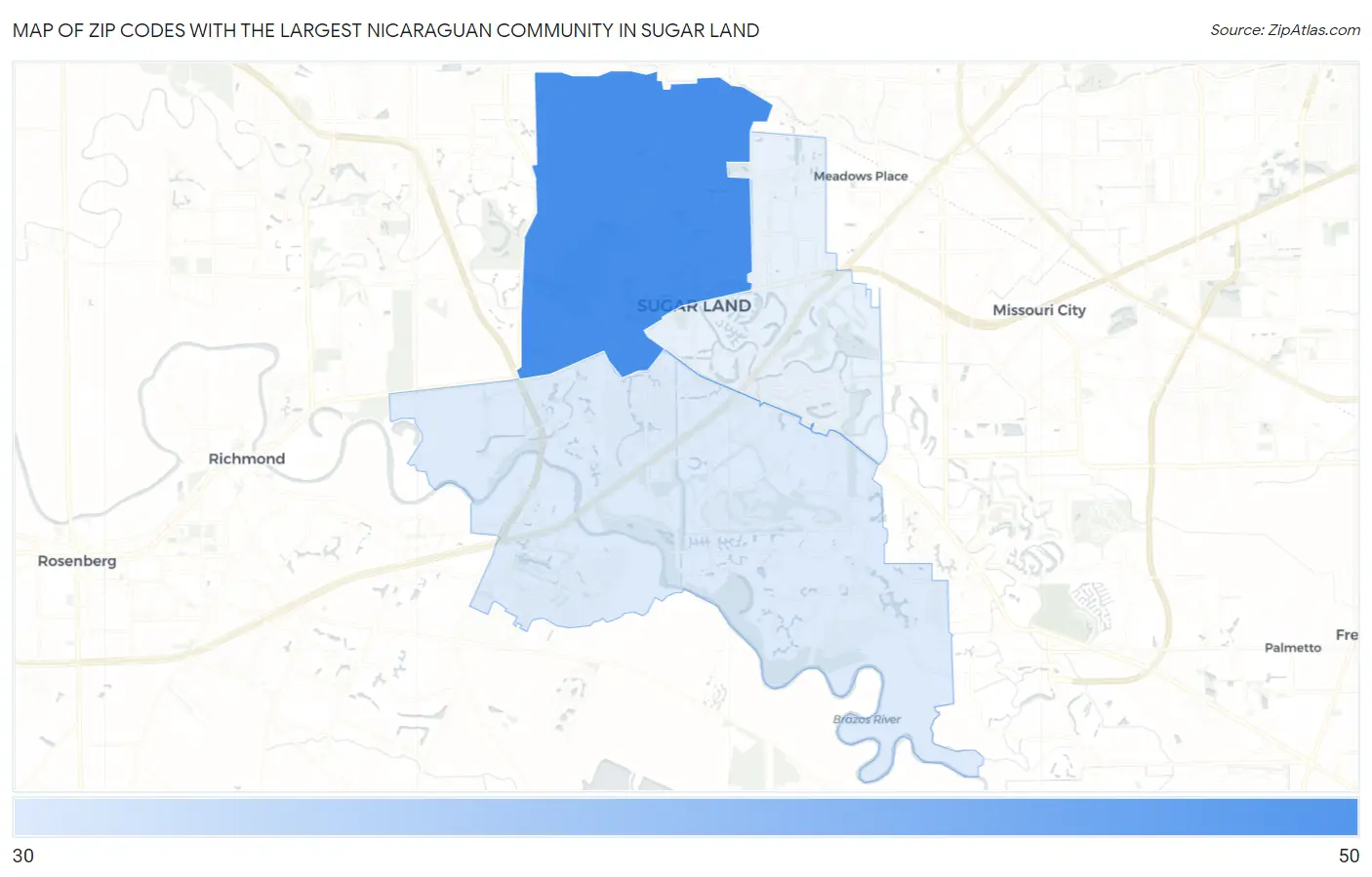 Zip Codes with the Largest Nicaraguan Community in Sugar Land Map