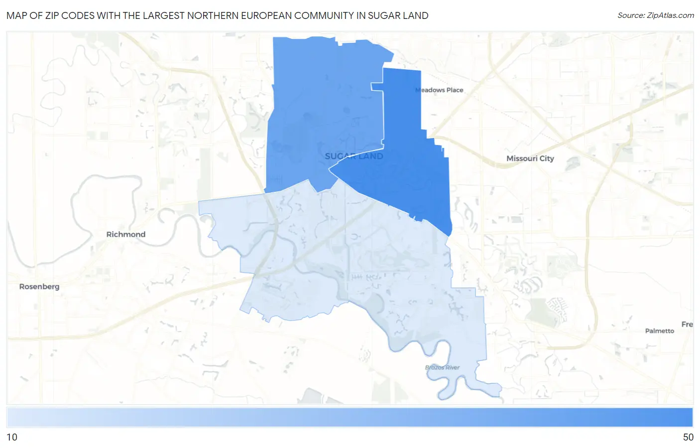 Zip Codes with the Largest Northern European Community in Sugar Land Map