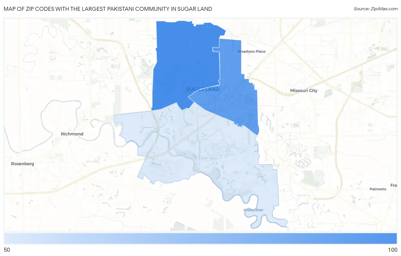 Zip Codes with the Largest Pakistani Community in Sugar Land Map