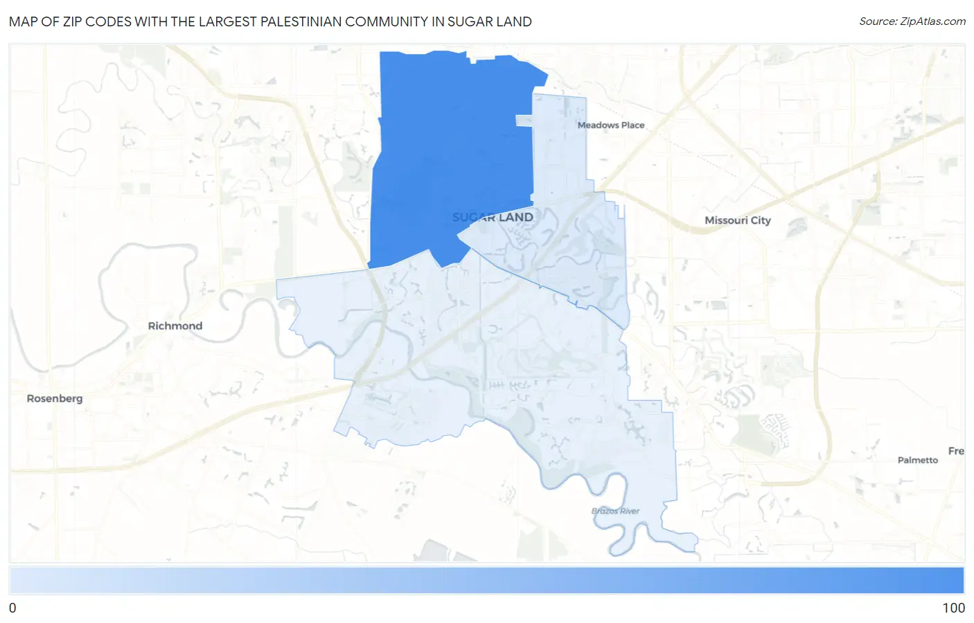 Zip Codes with the Largest Palestinian Community in Sugar Land Map