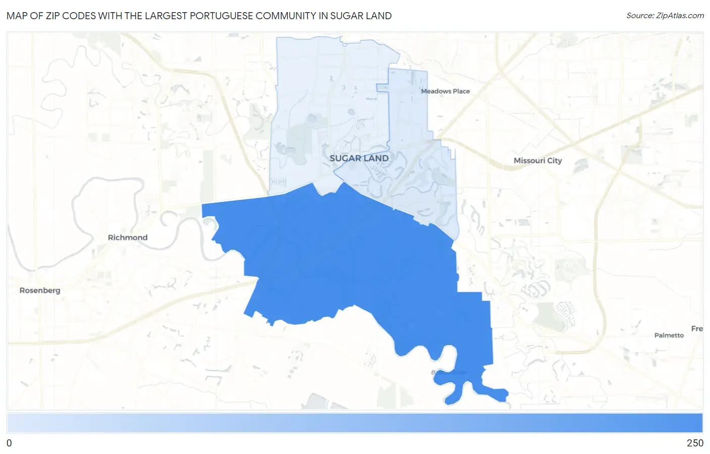Zip Codes with the Largest Portuguese Community in Sugar Land Map