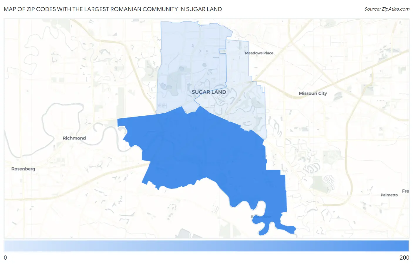 Zip Codes with the Largest Romanian Community in Sugar Land Map