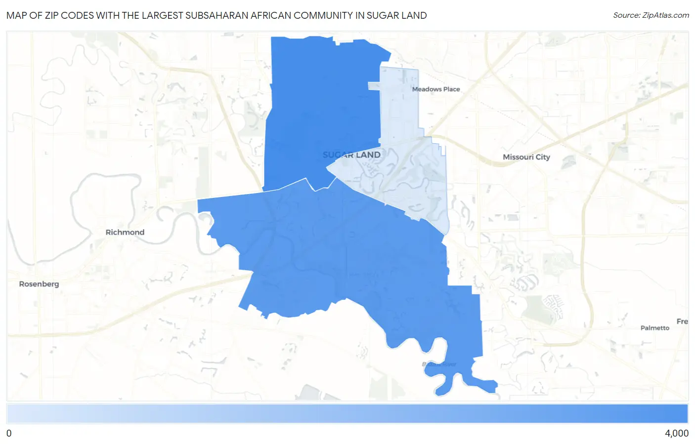 Zip Codes with the Largest Subsaharan African Community in Sugar Land Map
