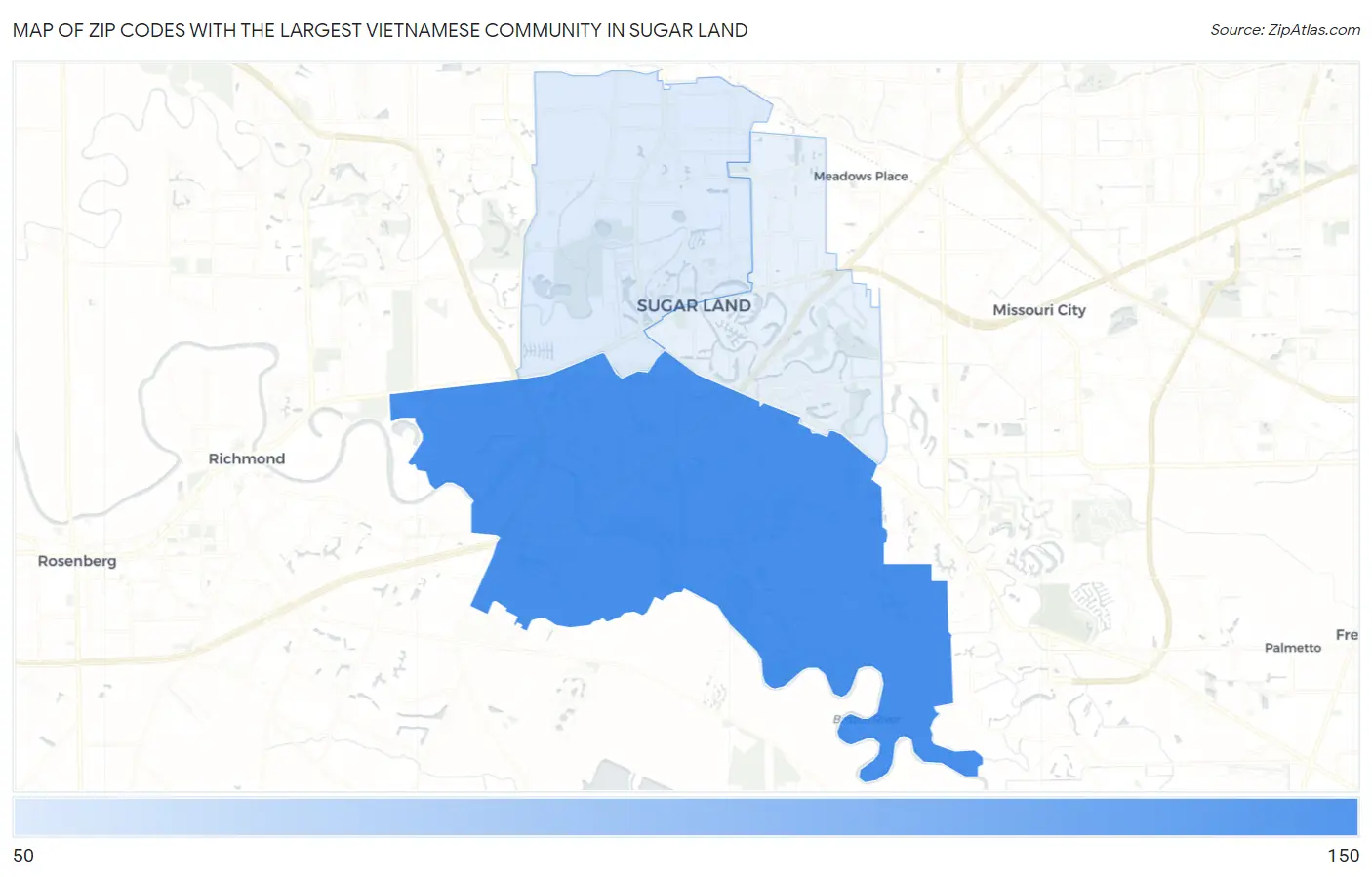 Zip Codes with the Largest Vietnamese Community in Sugar Land Map