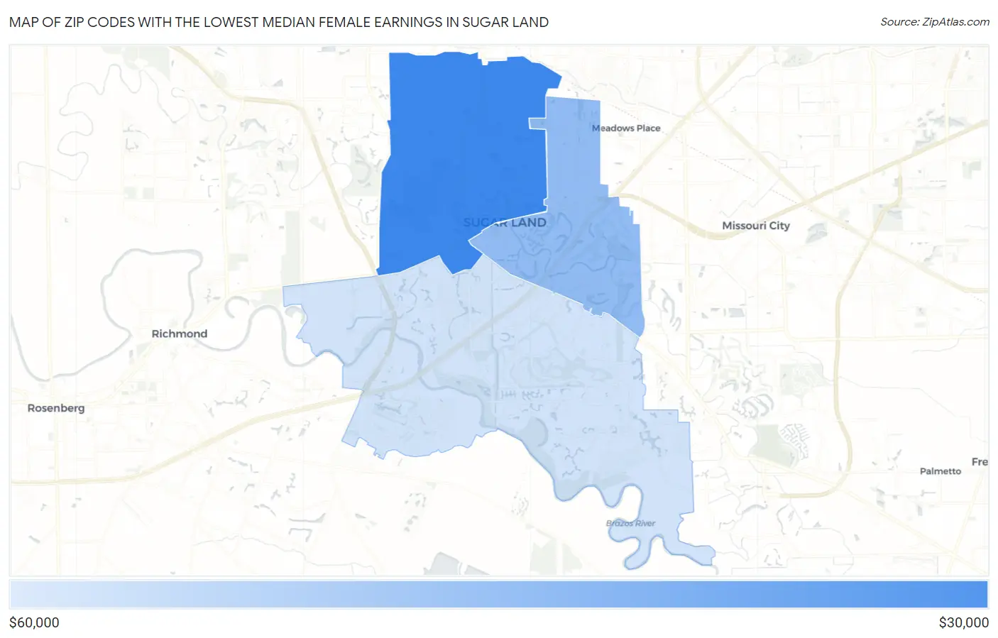 Zip Codes with the Lowest Median Female Earnings in Sugar Land Map