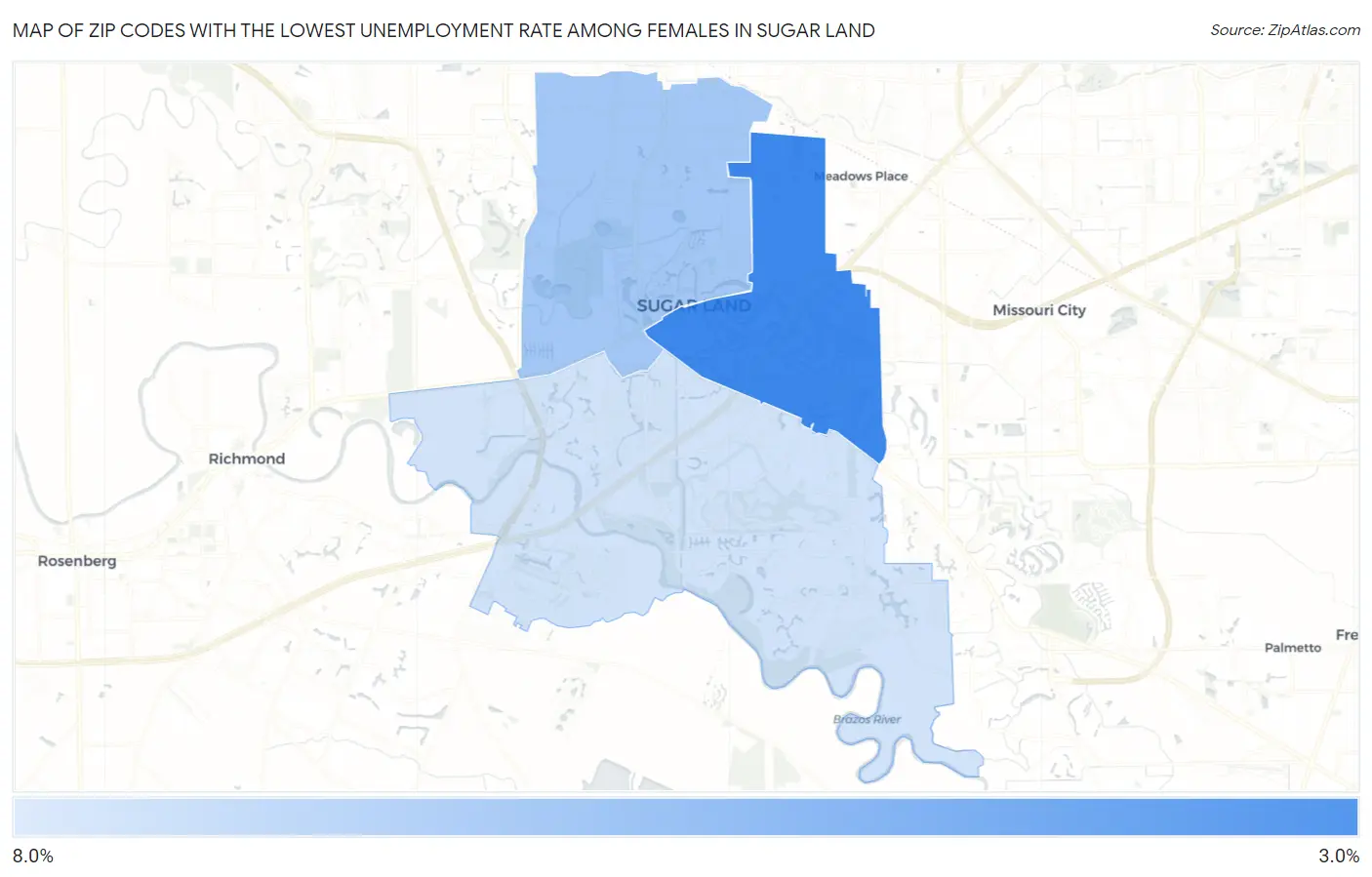 Zip Codes with the Lowest Unemployment Rate Among Females in Sugar Land Map