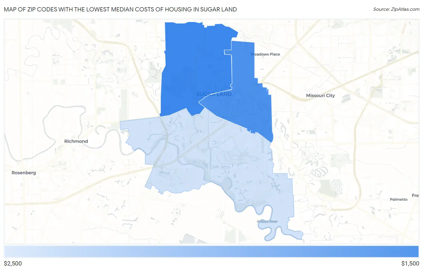 Zip Codes with the Lowest Median Costs of Housing in Sugar Land Map