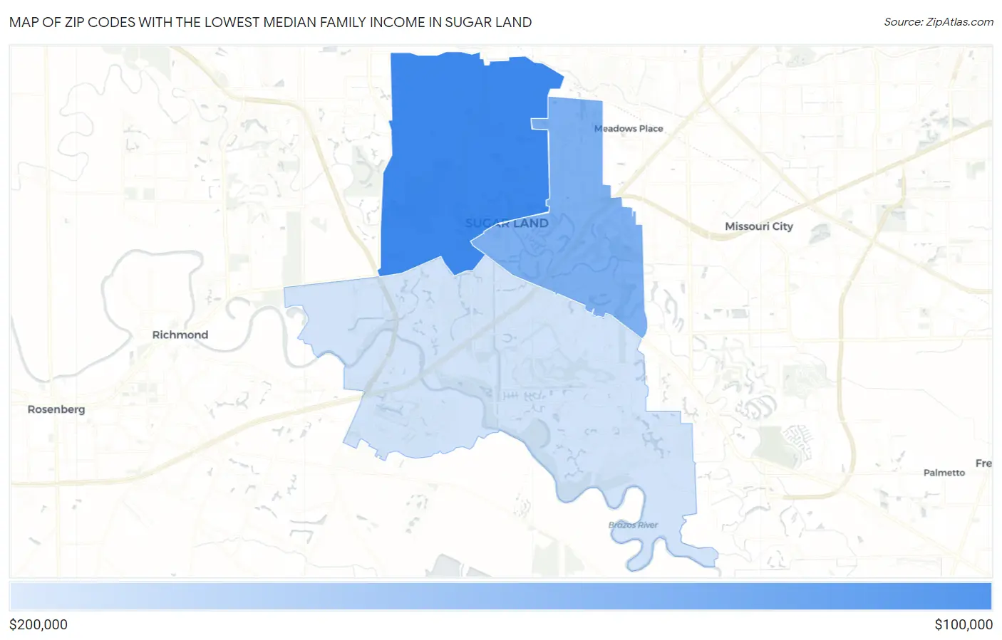 Zip Codes with the Lowest Median Family Income in Sugar Land Map