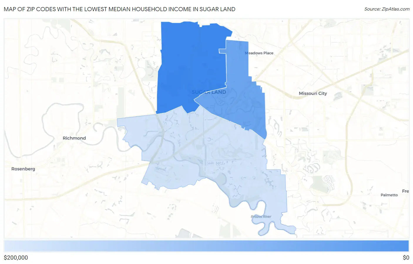 Zip Codes with the Lowest Median Household Income in Sugar Land Map