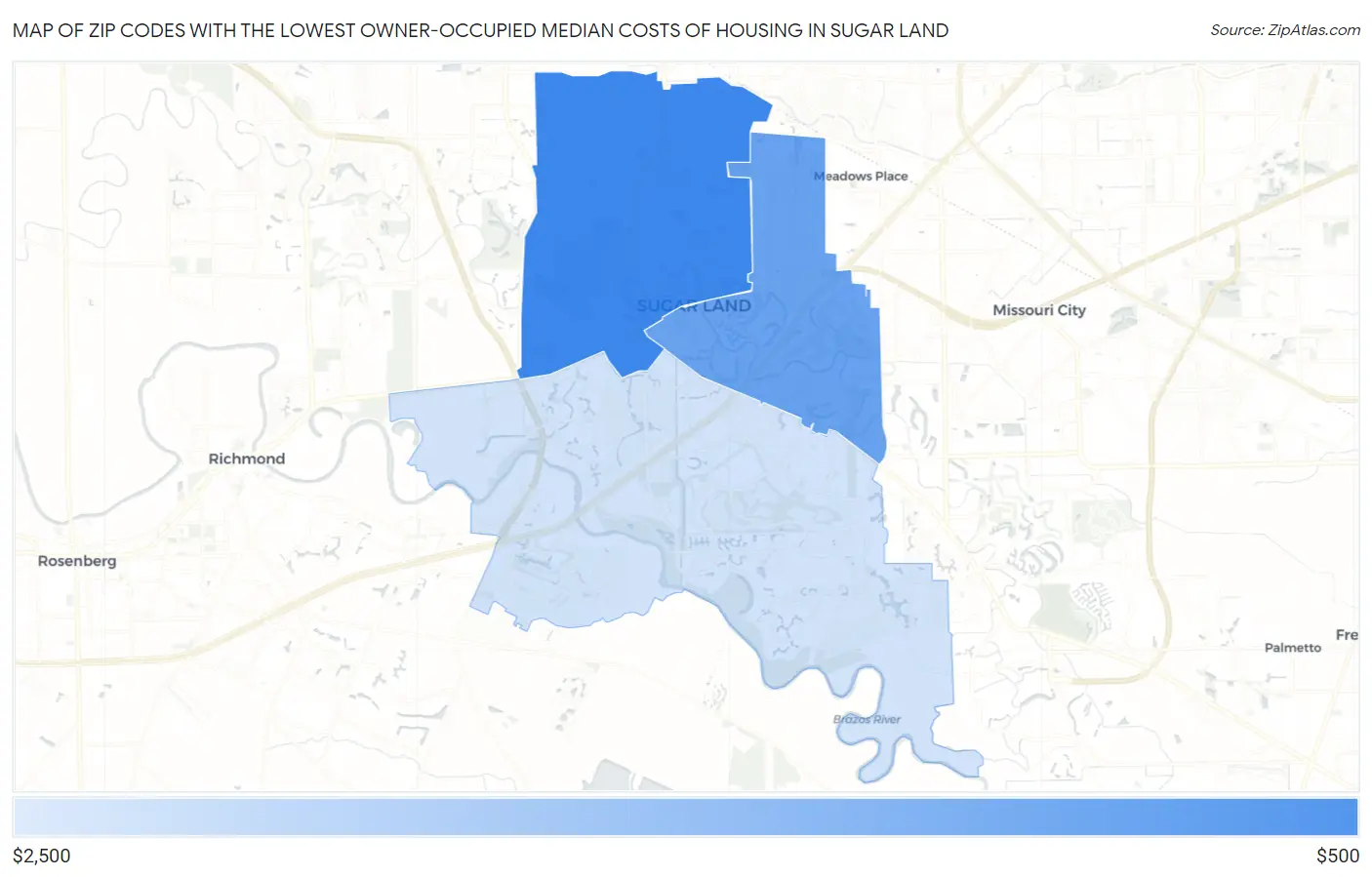 Zip Codes with the Lowest Owner-Occupied Median Costs of Housing in Sugar Land Map